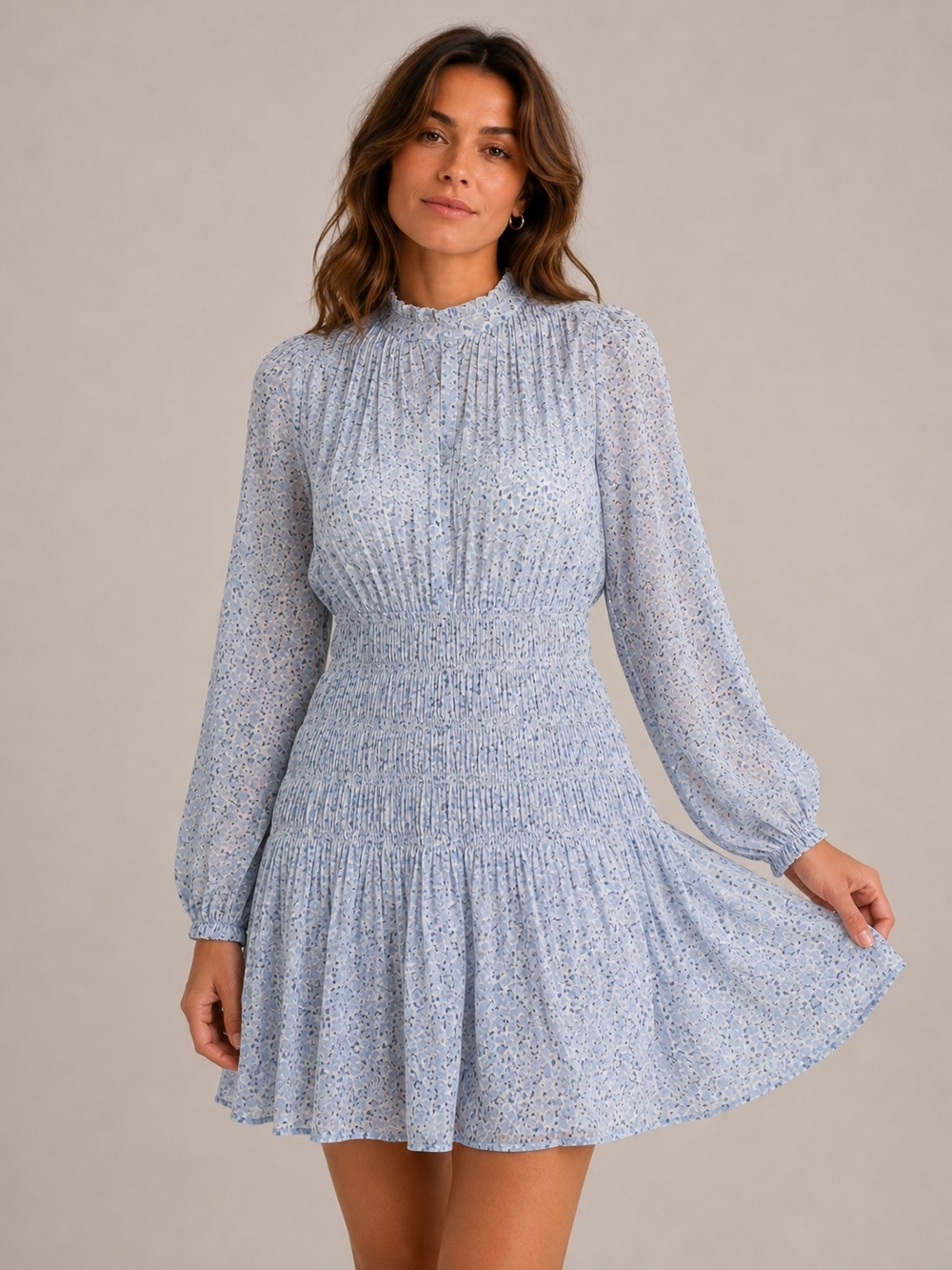 House of Harlow 1960 Light Blue Floral Smocked High Neck Mini Dress Size XS
